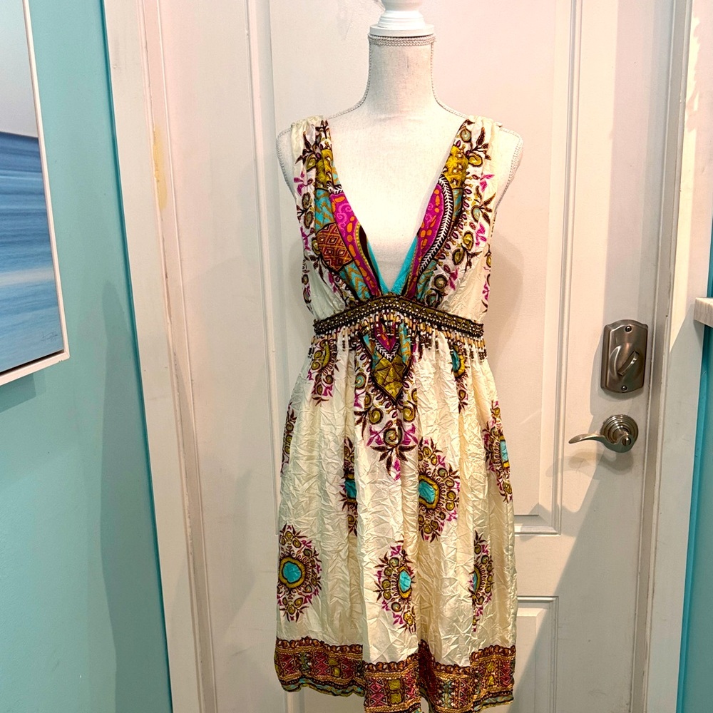 Nicole Miller Cream and Pink Patterned Midi Dress